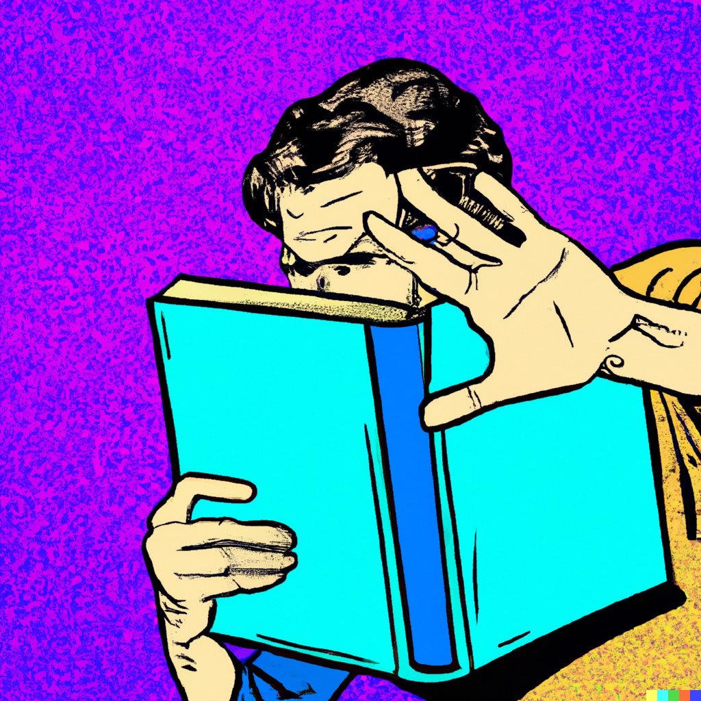 Person reading a book puts hand up to say stop