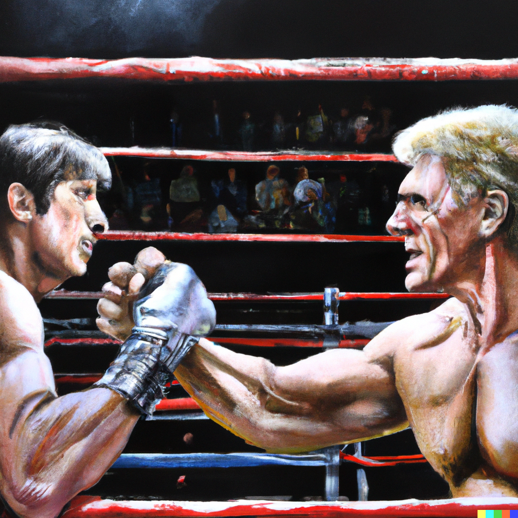 Ai produced representation of Rocky IV - called Rocky IV: West v. East Geopolitical Canvas.