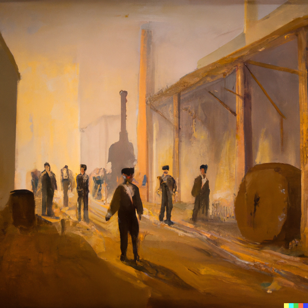 A painting depicting the working class in a factory