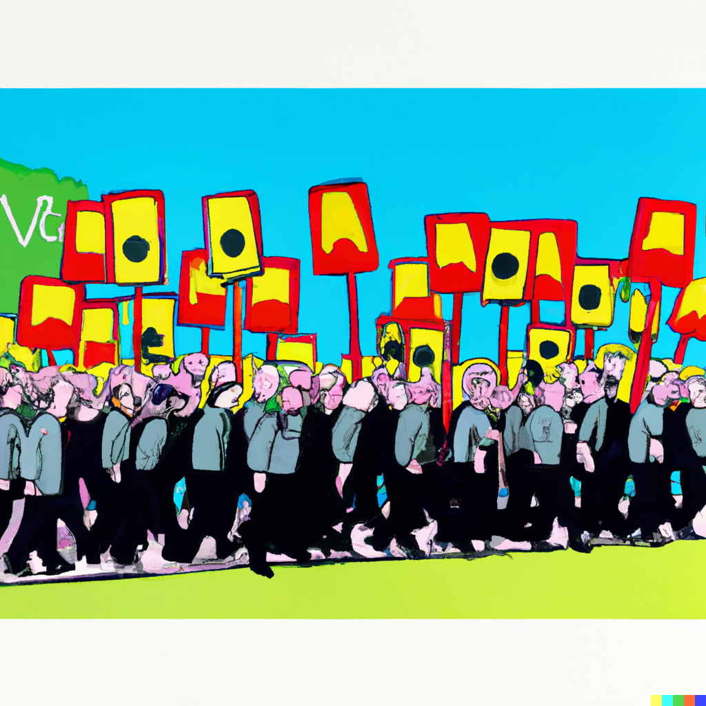 Image that shows in a pop art style the 2003 anti war march in the UK