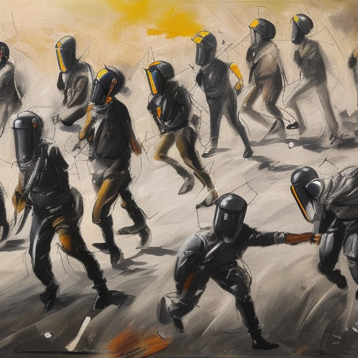 Painting depicting riot police - called "charge"