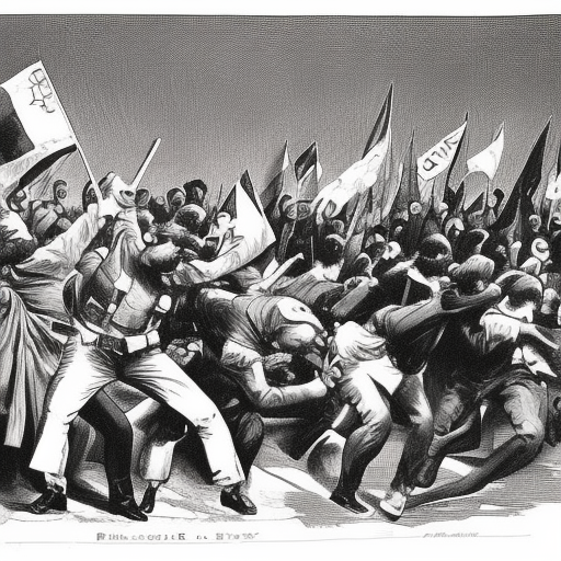 Painting depicting French protestors pushing back the police - called "Protest"