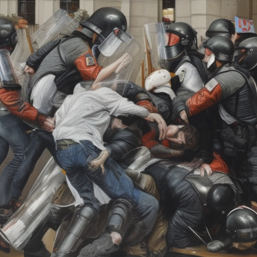Painting depicting riot police jumping on protestors, who are really the police - it is called "the scrum"