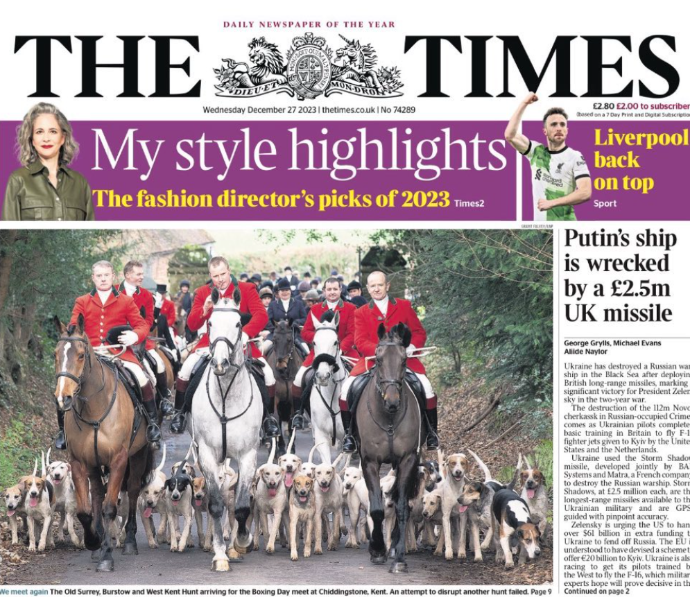 Front cover of The Times newspaper 27th December 2023