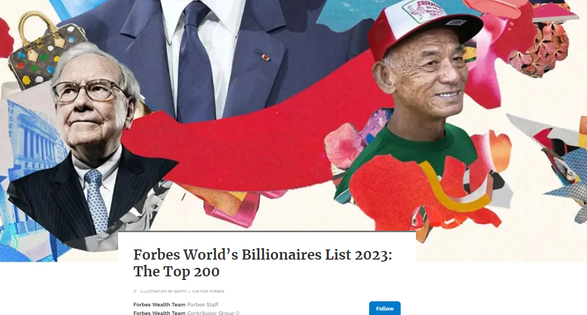 Screenshot of the Forbes website - article listing 2023 billionaires