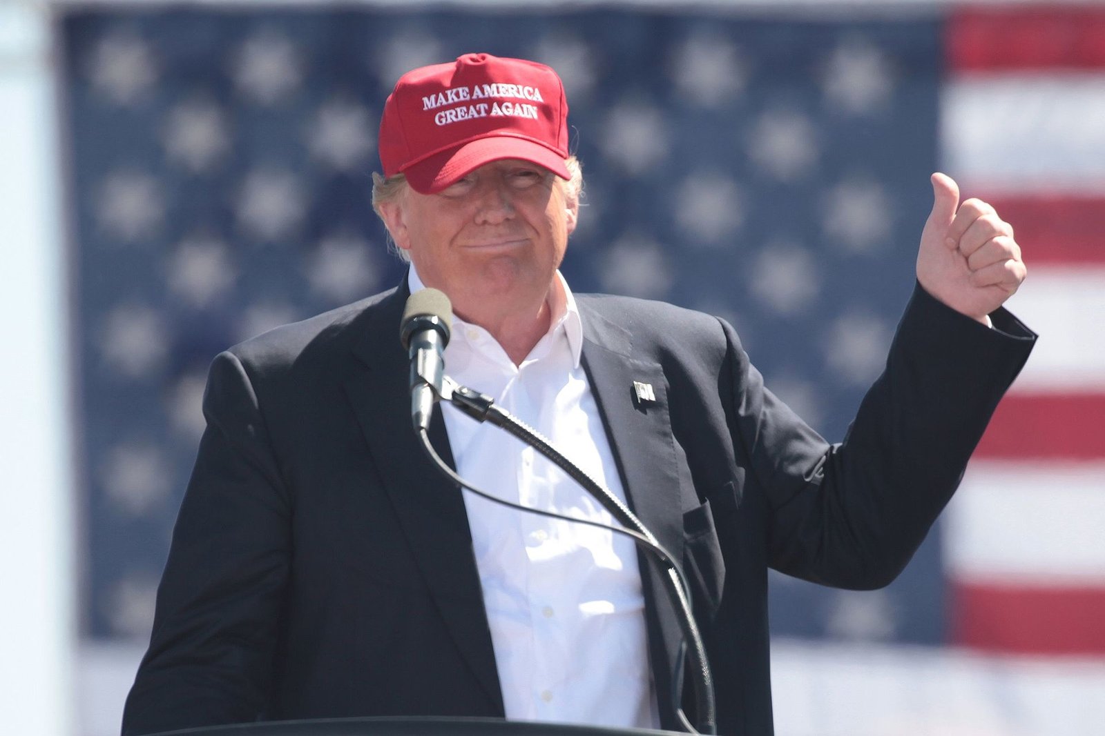 Donald Trump wearing a "Make America Great Again" cap during his 2016 presidential campaign