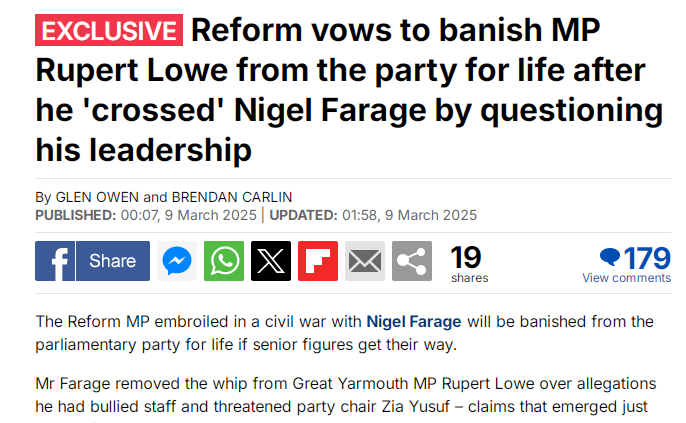 Headline from the Daily Mail: EXCLUSIVEReform vows to banish MP Rupert Lowe from the party for life after he 'crossed' Nigel Farage by questioning his leadership