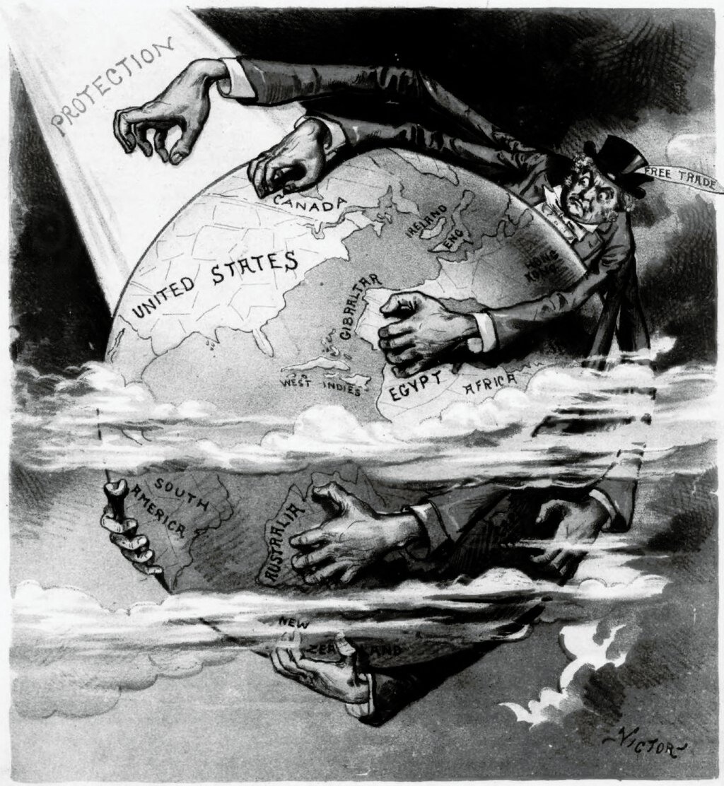 1888 anti-free trade cartoon from Judge. Caption: FREE TRADE ENGLAND WANTS THE EARTH