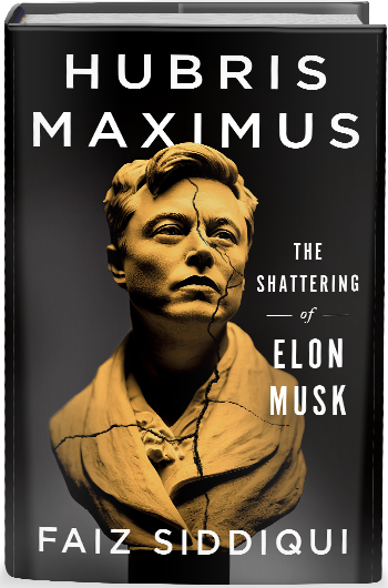 Front cover of Hubris Maximus showing a cracked bust of Elon Musk.