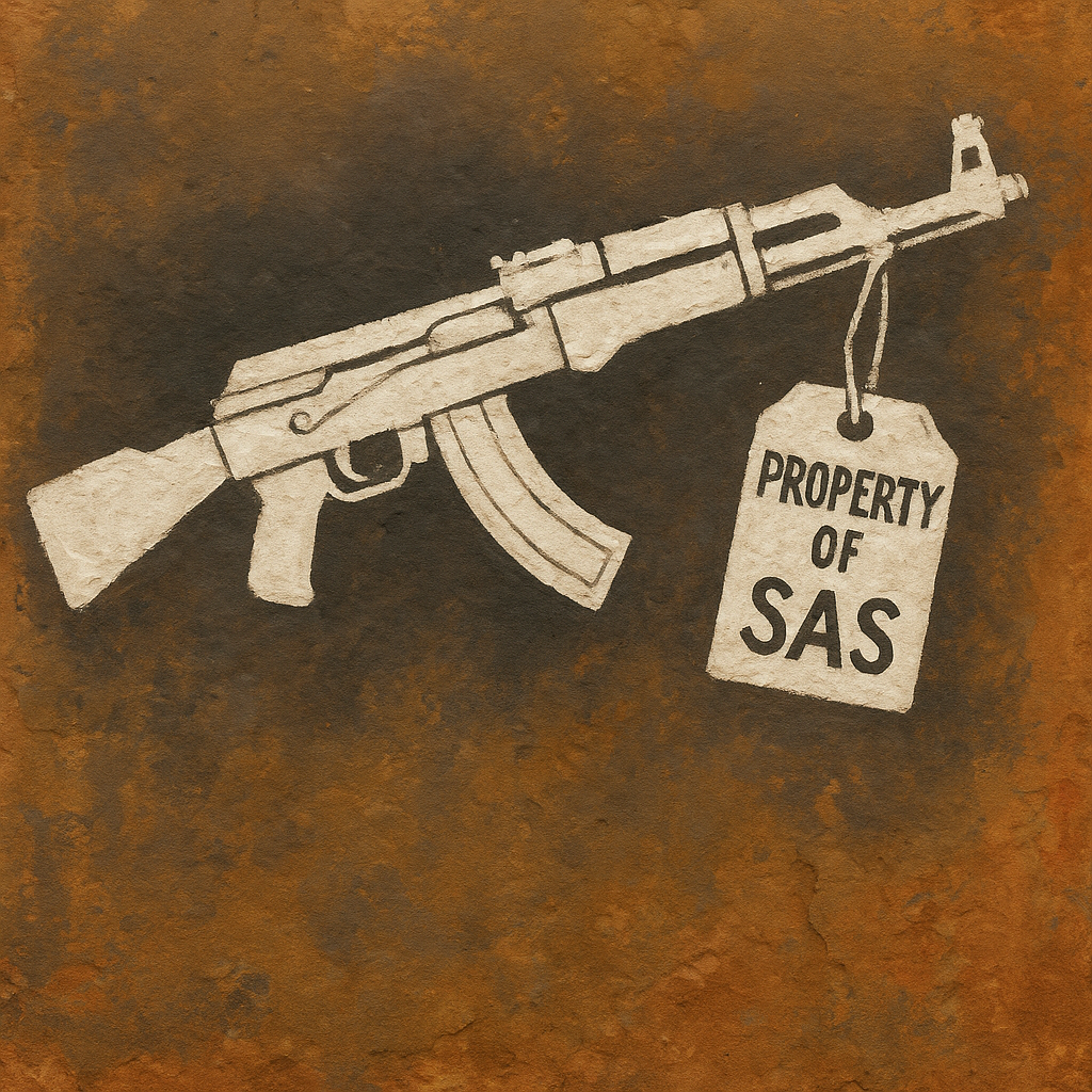 Graphic that shows a AK 47 with a tag saying "property of the SAS"