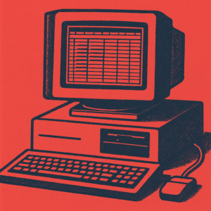 a 1990s-style personal computer with a CRT monitor displaying a basic spreadsheet. The image uses a bold red background with blue-black ink for the computer, keyboard, and mouse, creating a high-contrast, retro effect. The spreadsheet is made up of simple grid lines and cells, evoking bureaucratic office work.