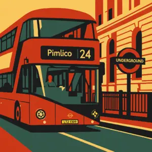 A stylised graphic illustration of a modern red London double-decker bus on Route 24 to Pimlico, set against a backdrop of classical city architecture and a London Underground sign. The image uses a bold 1968 protest-era colour scheme of red, beige, yellow, and black, with minimalistic, flat shapes evoking vintage political poster design.