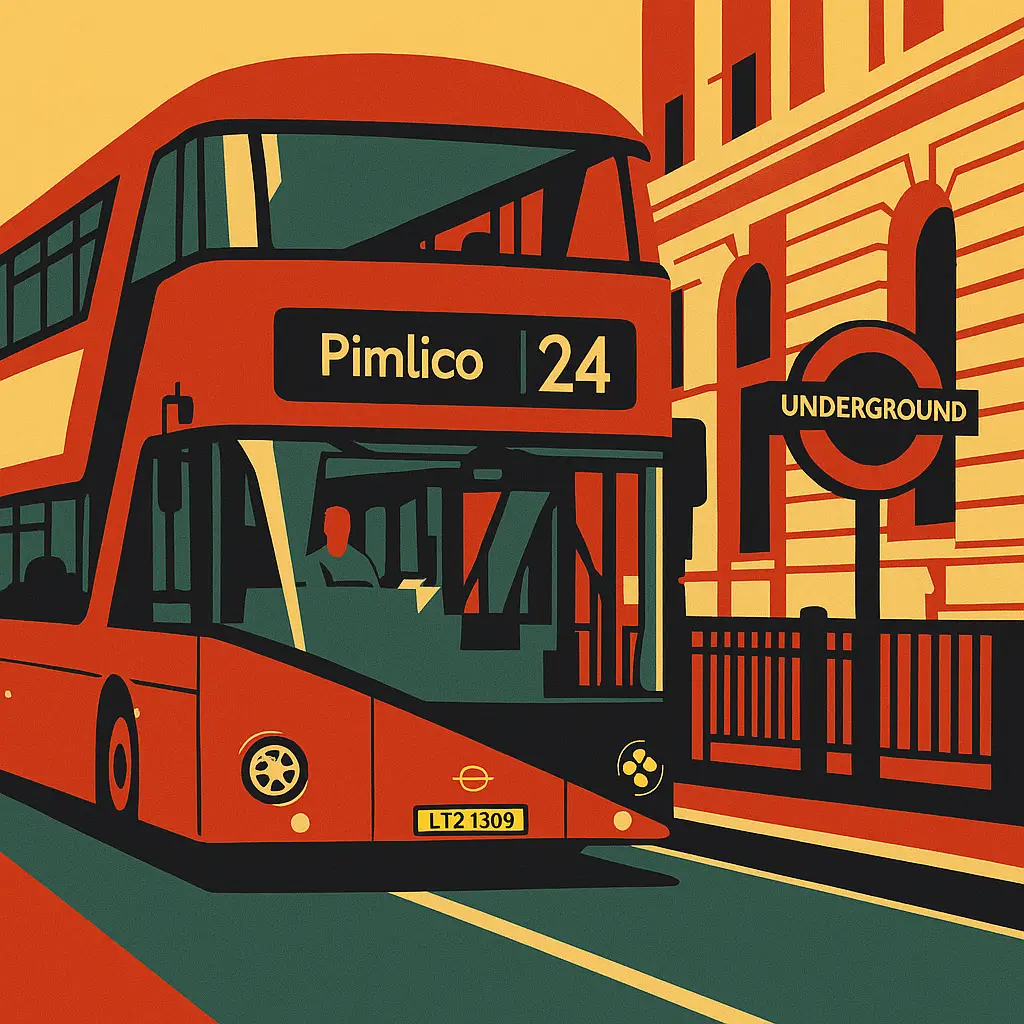 A stylised graphic illustration of a modern red London double-decker bus on Route 24 to Pimlico, set against a backdrop of classical city architecture and a London Underground sign. The image uses a bold 1968 protest-era colour scheme of red, beige, yellow, and black, with minimalistic, flat shapes evoking vintage political poster design.