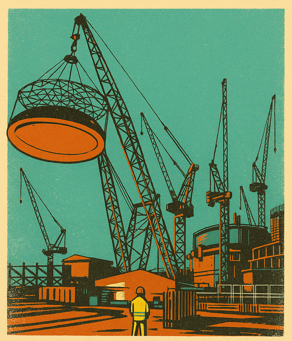 A retro, screen-printed style illustration of a large construction site at twilight. Multiple cranes dominate the scene, with one lifting a massive circular structure. In the foreground, a solitary figure in a yellow hi-vis jacket stands facing the site. The sky is a textured teal, and the buildings and machinery are rendered in bold shades of orange and black.