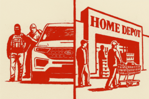 A stencil-style, red monochromatic illustration split vertically into two scenes. On the left, three masked or hooded figures—one wearing a tactical vest—stand beside a Ford SUV. On the right, outside a Home Depot store, two shoppers push a trolley while another stands nearby. The entire image is rendered in a bold red on a beige background