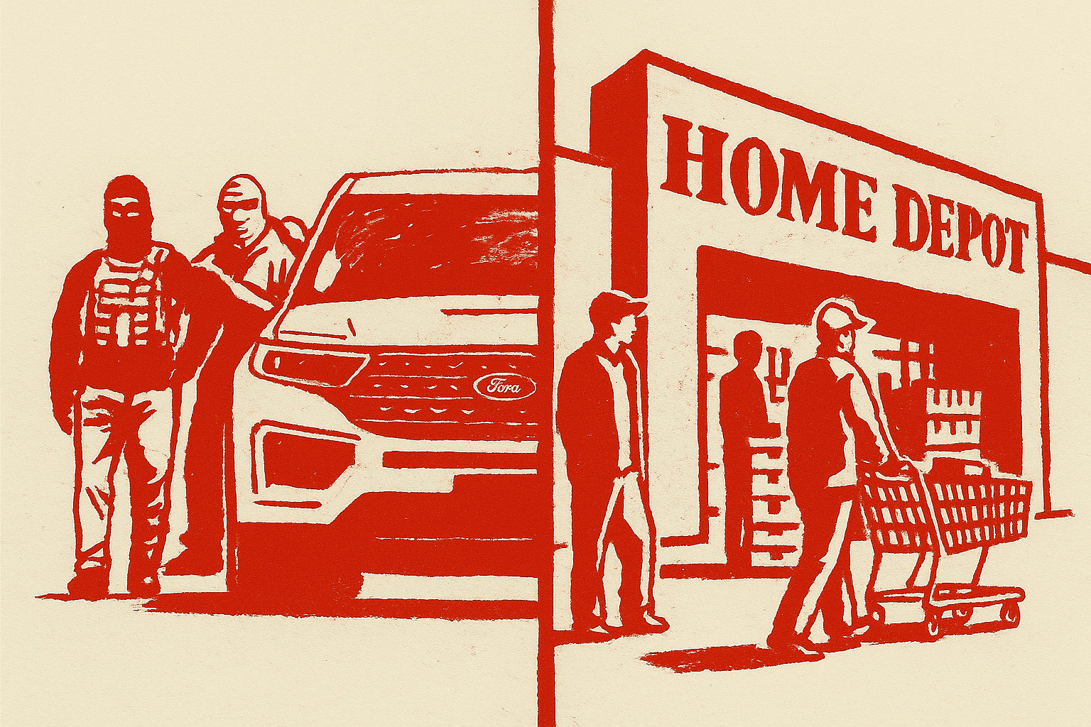 A stencil-style, red monochromatic illustration split vertically into two scenes. On the left, three masked or hooded figures—one wearing a tactical vest—stand beside a Ford SUV. On the right, outside a Home Depot store, two shoppers push a trolley while another stands nearby. The entire image is rendered in a bold red on a beige background