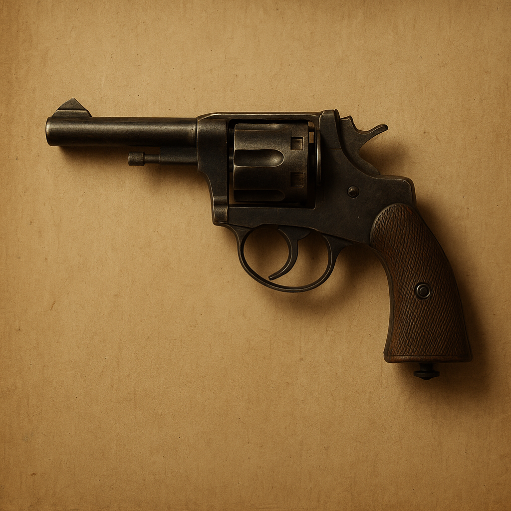 A vintage revolver mounted on a plain beige wooden wall, evoking the concept of Chekhov’s gun. The weapon is displayed in profile with a dark blued metal frame and a worn wooden grip, lit softly to highlight its aged, utilitarian design.