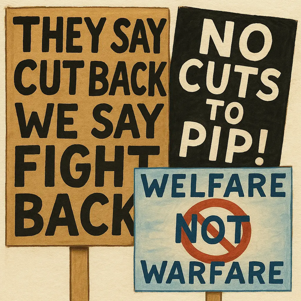 Hand-painted protest signs displayed against a neutral background. One sign on brown cardboard reads “THEY SAY CUT BACK WE SAY FIGHT BACK” in bold black letters. Another, on black card, reads “NO CUTS TO PIP!” in large white letters. A third sign, painted blue and white, says “WELFARE NOT WARFARE,” with the word “NOT” inside a red prohibition circle. The style is bold, rough-edged, and defiant, evoking a DIY protest aesthetic.