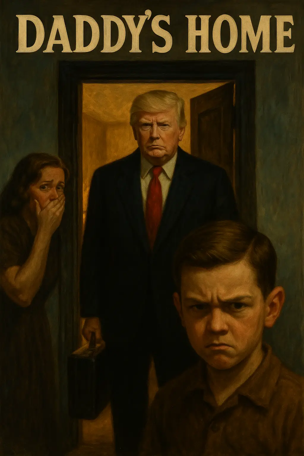 A dark, oil-painted 1950s-style illustration titled “Daddy’s Home” shows a stern, scowling man resembling Donald Trump standing in a doorway, holding a briefcase. He wears a black suit with a red tie and looms under dramatic lighting. To his left, a woman looks frightened, covering her mouth with her hand. In the foreground, a young boy with a furrowed brow glares angrily. The mood is tense and ominous, evoking themes of authoritarian return and domestic dread.