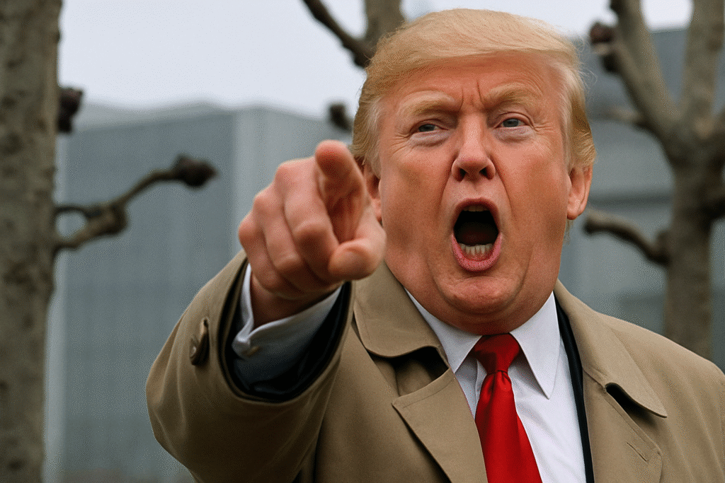 Donald Trump standing outdoors in a trench coat and red tie, pointing aggressively toward the camera with his mouth open mid-shout. His expression is accusatory and intense, evoking the iconic scene from Invasion of the Body Snatchers. Leafless tree branches and a grey office building loom in the background, enhancing the dystopian feel.