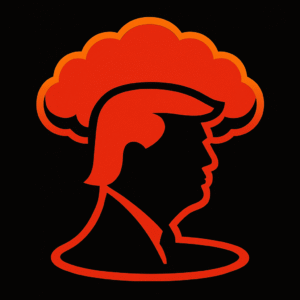 A bold graphic emblem features a red silhouette of Donald Trump’s profile against a black background. His head merges into a stylised red and orange mushroom cloud, symbolising nuclear explosion. The composition is symmetrical and stark, evoking propaganda poster aesthetics.