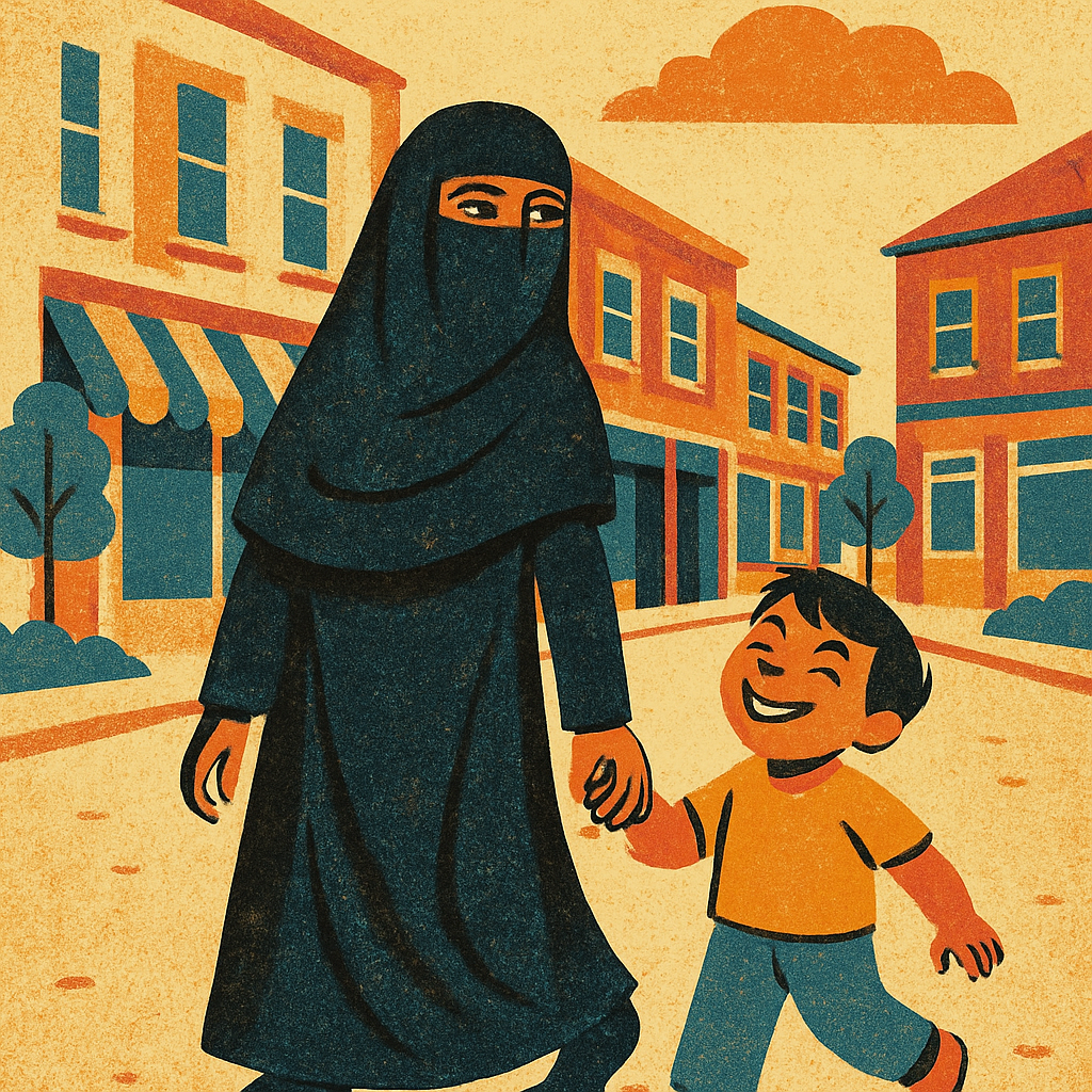 A vintage-style illustration evokes the look of a 1960s children’s book, with textured tones of orange, navy, and muted teal. A Muslim woman in a black burqa walks hand-in-hand with her smiling young son along a tidy British high street lined with brick buildings, trees, and striped shop awnings. The image has a nostalgic, screen-printed feel, blending everyday warmth with quiet defiance.