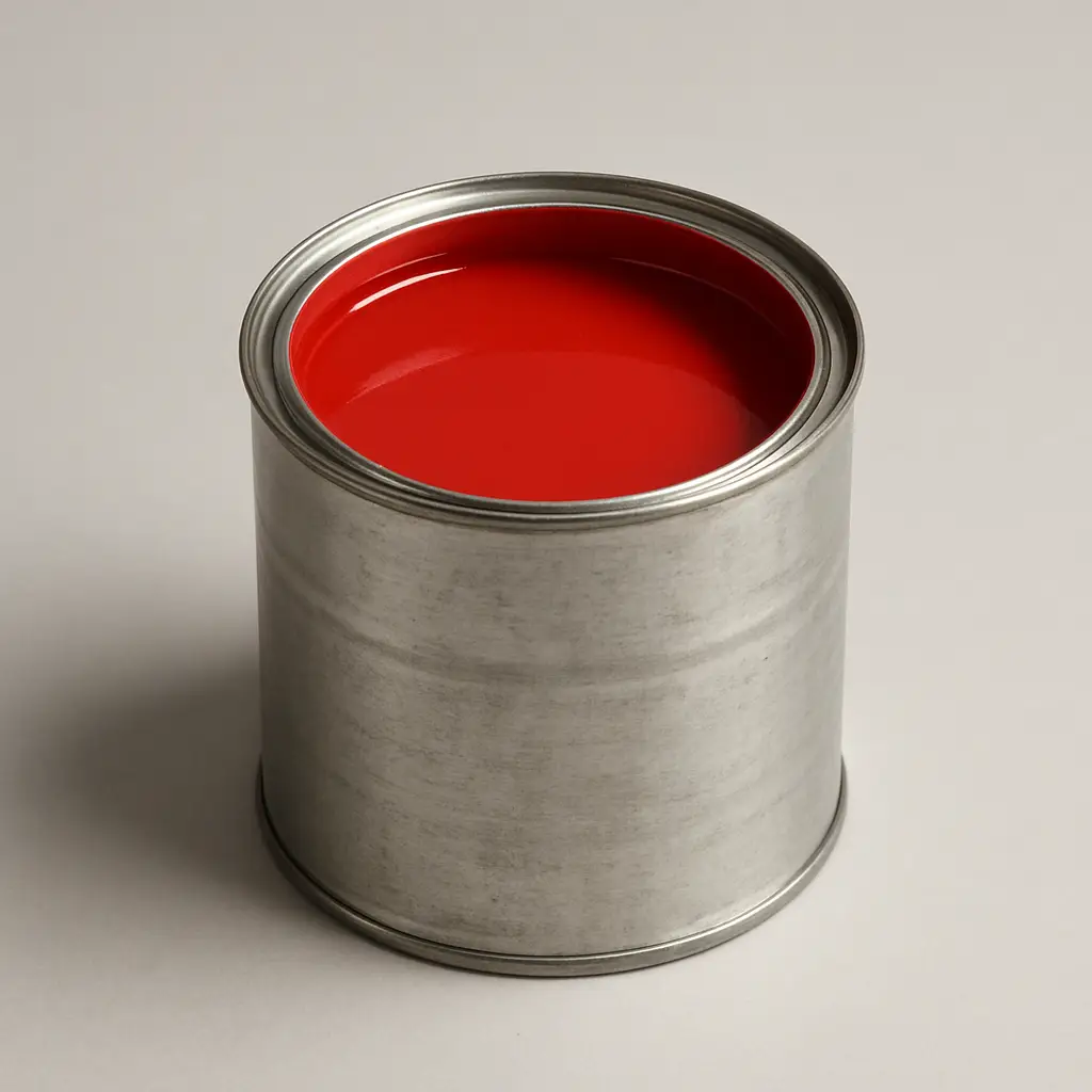 A cylindrical metal tin filled with bright red paint, sitting on a neutral grey surface. The paint is smooth and glossy, with the tin slightly scuffed, giving a utilitarian appearance.