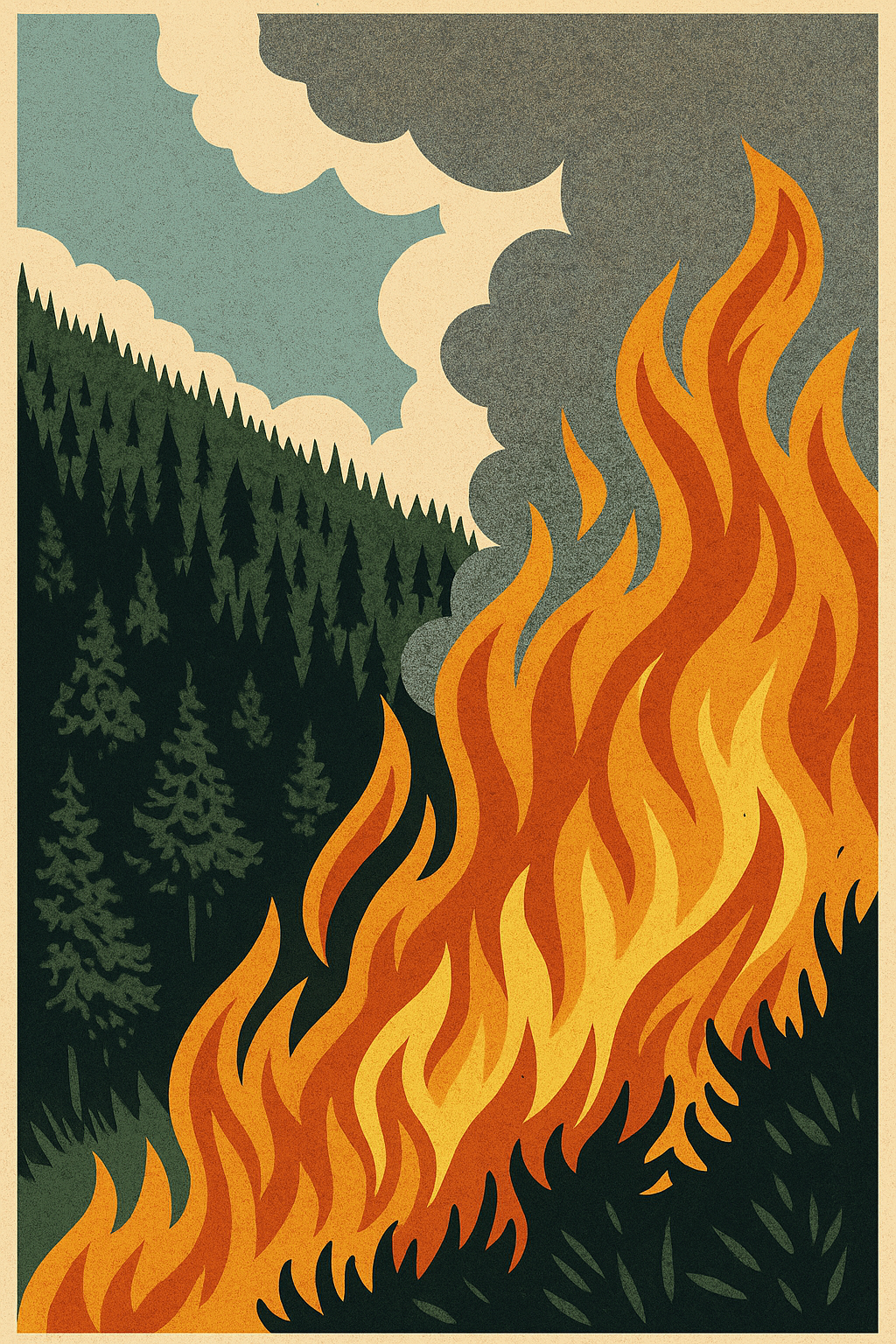 The image is divided into three main sections: on the left, dark green conifer trees form a dense forest; on the right, large, jagged orange and yellow flames dominate the frame, licking upwards; above, thick grey smoke billows into a pale blue sky with sharp, graphic cloud shapes. The colours are bold and flat, with a textured, screen-printed effect, evoking urgency and destruction.