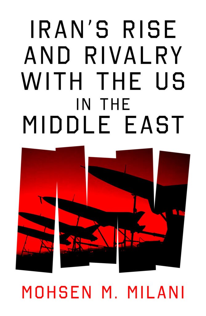 Front cover of the book Iran’s Rise and Rivalry with the US in the Middle East by Mohsen M. Milani. The title is displayed in bold, black, all-caps text above a red silhouette of military drones or aircraft arranged in rows. The red background evokes a sense of tension or conflict, with jagged black vertical cuts forming the letters “MW” in the lower half. The author’s name appears at the bottom in red. The overall design conveys themes of surveillance, militarisation, and geopolitical confrontation.