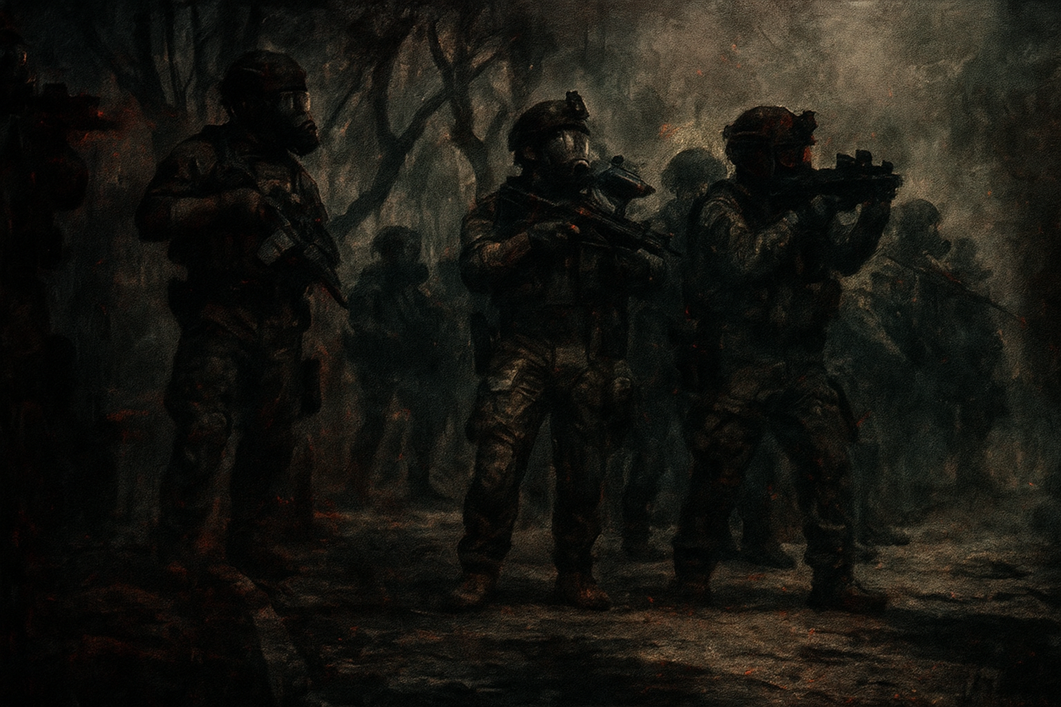 A dark, dystopian digital painting of heavily armed police in tactical gear and gas masks standing in formation along a smoke-filled, war-torn urban street. The scene is shadowy and oppressive, with glowing embers and twisted tree branches in the background, evoking a sense of militarised occupation and impending violence.
