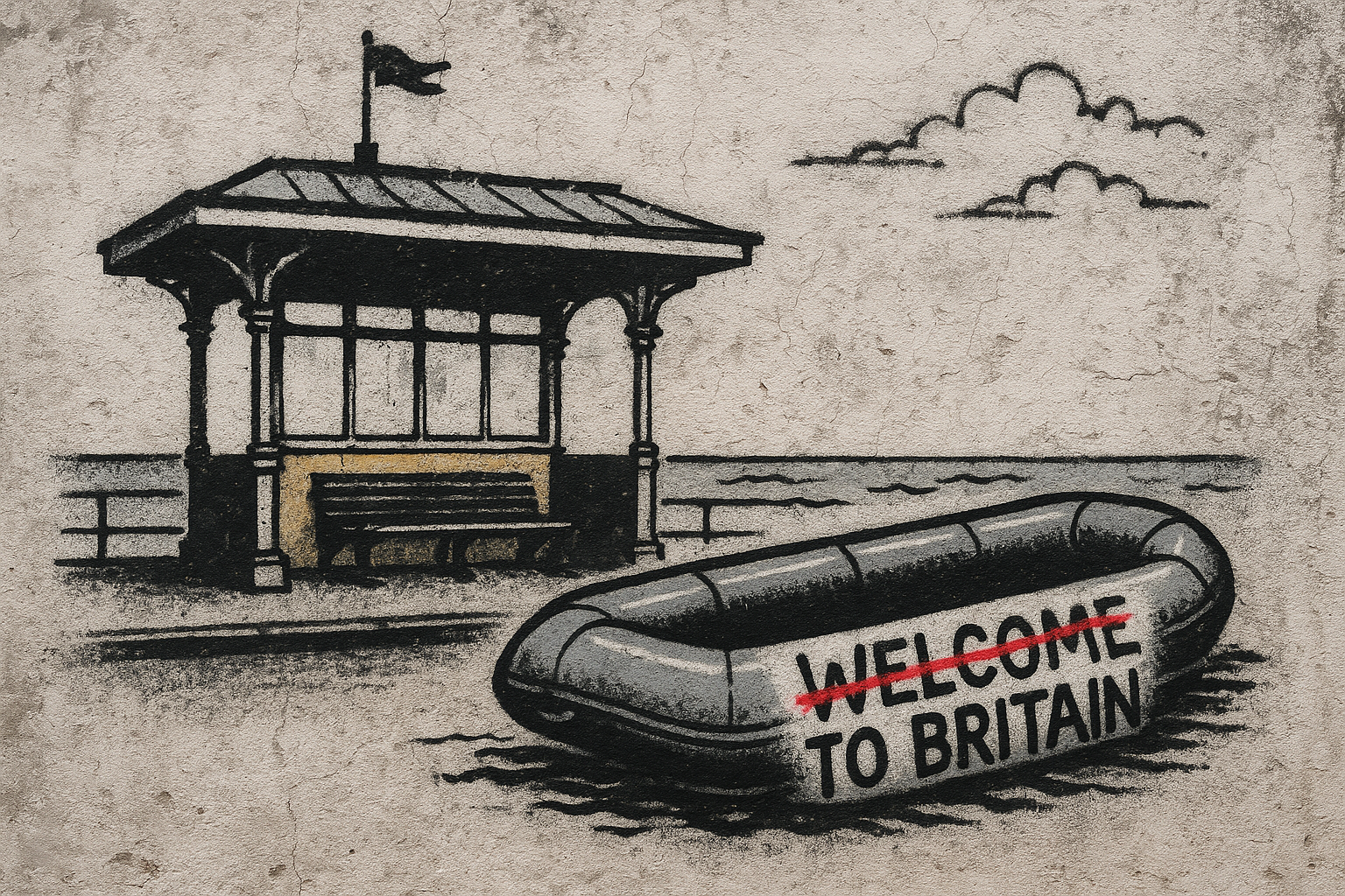Graffiti-style artwork on a textured concrete wall showing a seaside promenade shelter with a bench and a small inflatable refugee dinghy in front. The dinghy has the words “WELCOME TO BRITAIN” stencilled on the side, with “WELCOME” crossed out in bold red paint. The sea and sky are sketched in the background, giving the piece a stark, monochrome tone with splashes of red for emphasis.