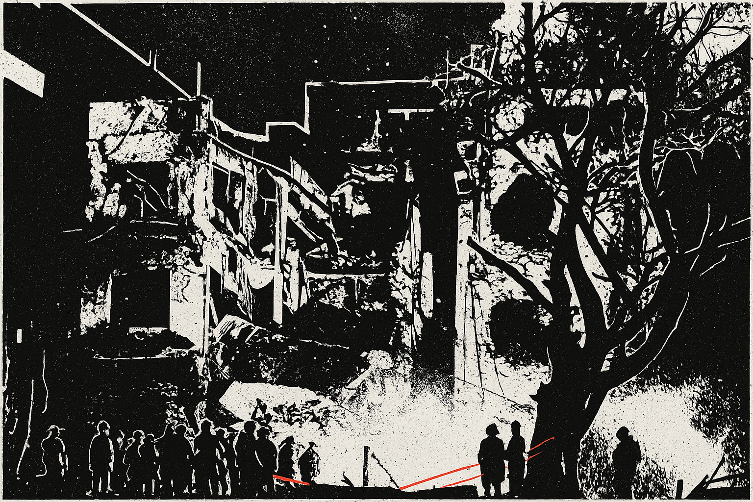 A high-contrast, screenprint-style illustration. The image shows a war-damaged urban building reduced to rubble, with silhouetted figures—emergency responders or civilians—gathered in the foreground. A leafless tree stretches across the right side, and streaks of red mark hazard lines or tape. The colour palette is stark black, beige, and deep red, evoking destruction, resistance, and political urgency.
