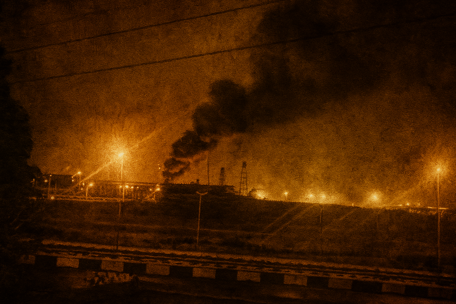 A digitally stylised, sepia-toned image depicting a large industrial fire at night from missile or bomb damage. Thick black smoke billows into the sky from a structure engulfed in flames, while bright streetlights cast dramatic glares across the scene. In the foreground, railway tracks and barriers are visible.