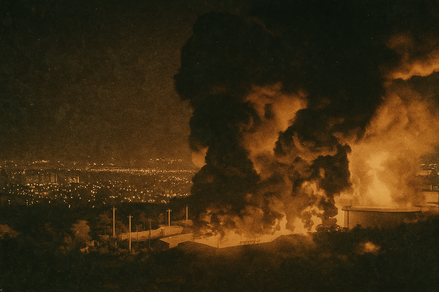 A grainy, vintage-style photograph shows a massive fire engulfing a facility at night on the outskirts of a city. Thick black smoke billows into the sky, illuminated by the intense orange and yellow flames below. In the background, the cityscape glows with scattered lights, contrasting with the dark sky and the ominous blaze in the foreground. Several utility poles line the edge of the compound, silhouetted against the fire.