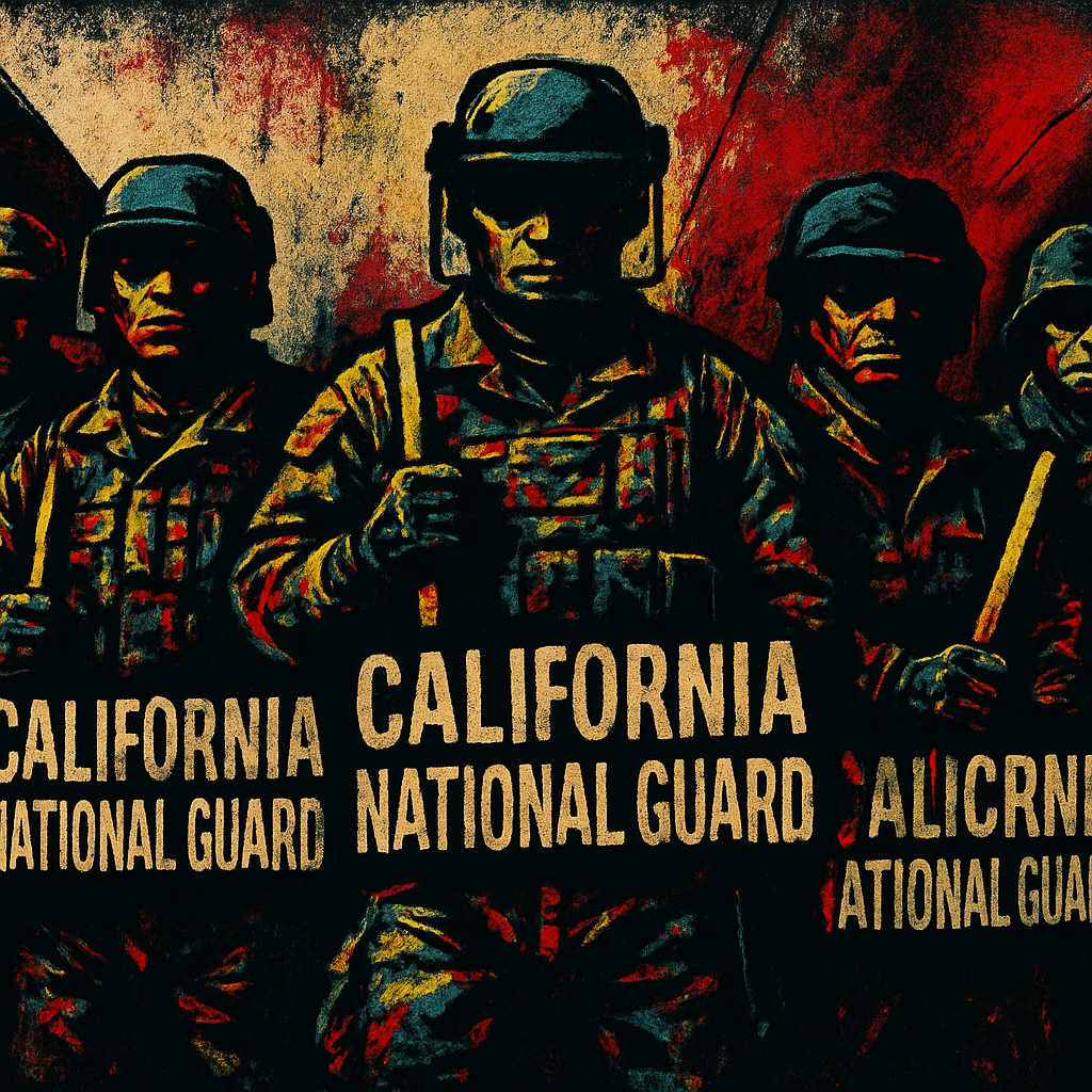 Graffiti-style stencil painting of four California National Guard soldiers in riot gear, standing shoulder to shoulder with stern expressions. Each figure holds a baton and a large shield labelled 'CALIFORNIA NATIONAL GUARD'. The background is dark and distressed, with blood-red splatters and harsh shadows enhancing a menacing, authoritarian tone.