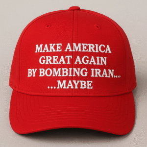 A red baseball cap with bold white embroidered text that reads: "MAKE AMERICA GREAT AGAIN BY BOMBING IRAN....MAYBE", parodying the original MAGA slogan. The cap is photographed against a neutral grey background.