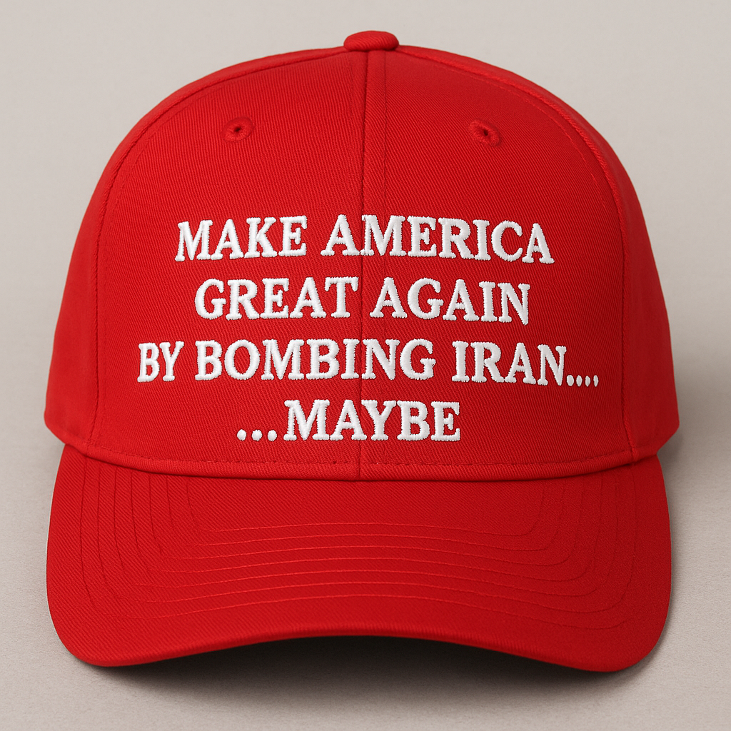 A red baseball cap with bold white embroidered text that reads: "MAKE AMERICA GREAT AGAIN BY BOMBING IRAN....MAYBE", parodying the original MAGA slogan. The cap is photographed against a neutral grey background.