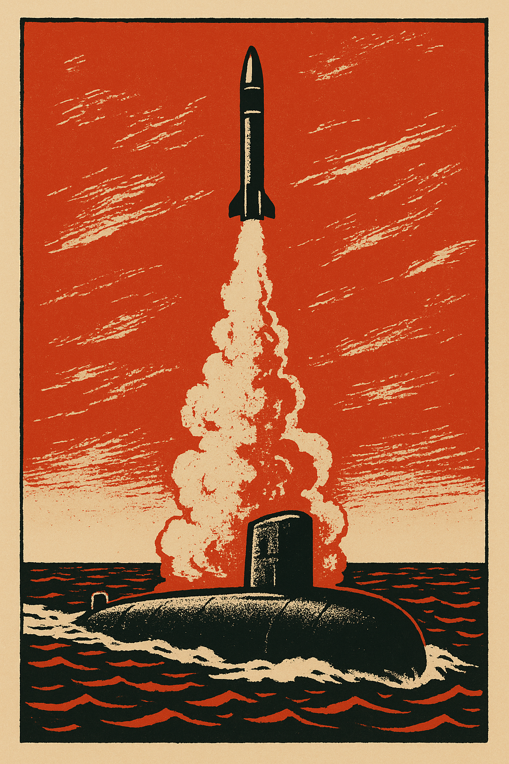 A bold, 1960s-style linocut illustration of a missile launching vertically from a nuclear submarine at sea. The submarine sits in stylised, jagged black-and-red waves beneath a dramatic red sky, as thick white smoke trails the missile’s ascent. The artwork uses a minimal colour palette of red, black, off-white, and cream, evoking Cold War propaganda posters and anti-nuclear graphic design.