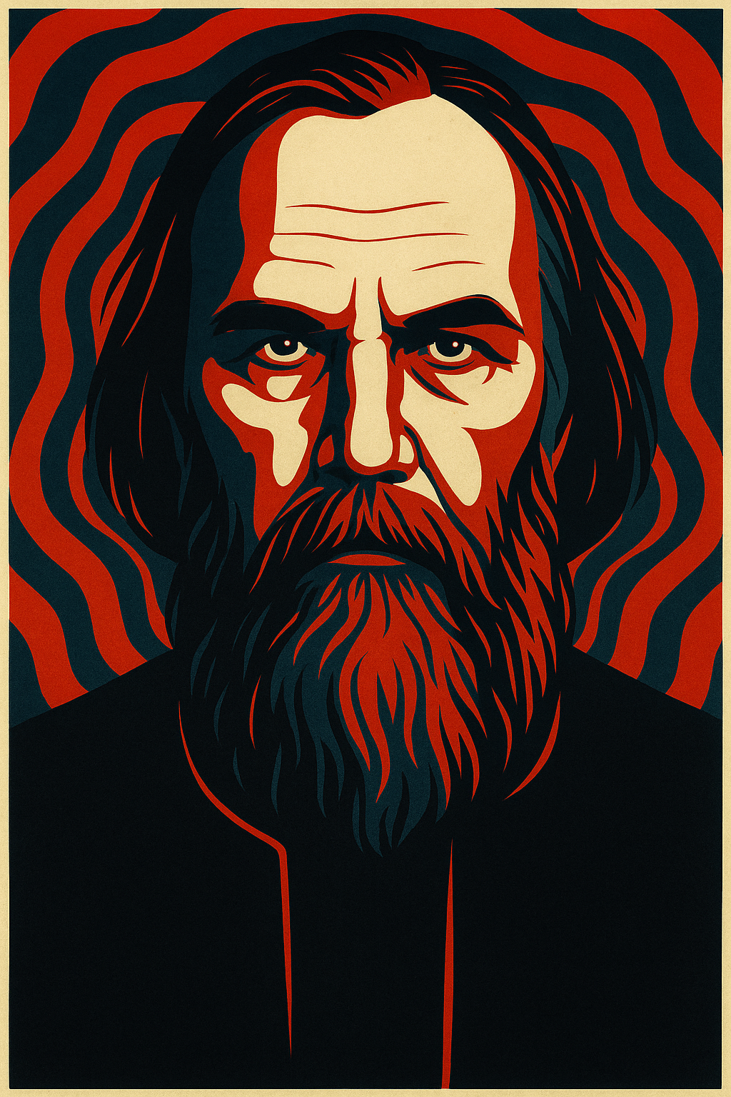 A stylised graphic portrait of an older man with long hair and a thick beard, rendered in a bold red, navy, and beige palette reminiscent of propaganda posters. His intense gaze and solemn expression evoke a Rasputin-like presence. The background features undulating red and navy stripes that radiate outward, enhancing the image’s hypnotic and authoritative feel.
