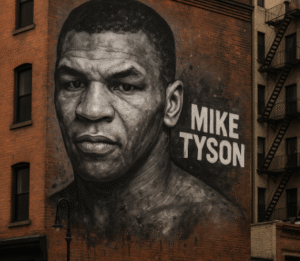 A large black-and-white graffiti mural of a young Mike Tyson is painted on the side of a red brick building in New York. The mural shows Tyson before his face tattoo era, capturing his youthful intensity with a stern expression and strong jawline. His name, “MIKE TYSON,” appears in bold white capital letters beside the portrait. The building features classic urban architecture with fire escapes, giving the scene a gritty 1980s New York atmosphere. A streetlamp stands in the foreground, adding to the mural’s dramatic presence.