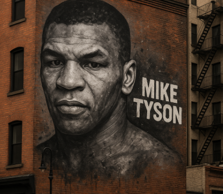 A large black-and-white graffiti mural of a young Mike Tyson is painted on the side of a red brick building in New York. The mural shows Tyson before his face tattoo era, capturing his youthful intensity with a stern expression and strong jawline. His name, “MIKE TYSON,” appears in bold white capital letters beside the portrait. The building features classic urban architecture with fire escapes, giving the scene a gritty 1980s New York atmosphere. A streetlamp stands in the foreground, adding to the mural’s dramatic presence.