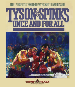A vintage-style promotional poster for the boxing match between Mike Tyson and Michael Spinks. The top of the poster reads “THE UNDISPUTED WORLD HEAVYWEIGHT CHAMPIONSHIP” in gold lettering. Below, in large block letters, it says “TYSON vs SPINKS – ONCE AND FOR ALL.” The central artwork is a colourful, impressionistic painting of Tyson and Spinks clashing in the ring, heads down and gloves up, mid-fight under dramatic lighting. The fighters’ muscles and expressions are rendered with thick brushstrokes in vivid reds, blues, and oranges. At the bottom, the venue is marked: “TRUMP PLAZA – Atlantic City’s Grandest.”