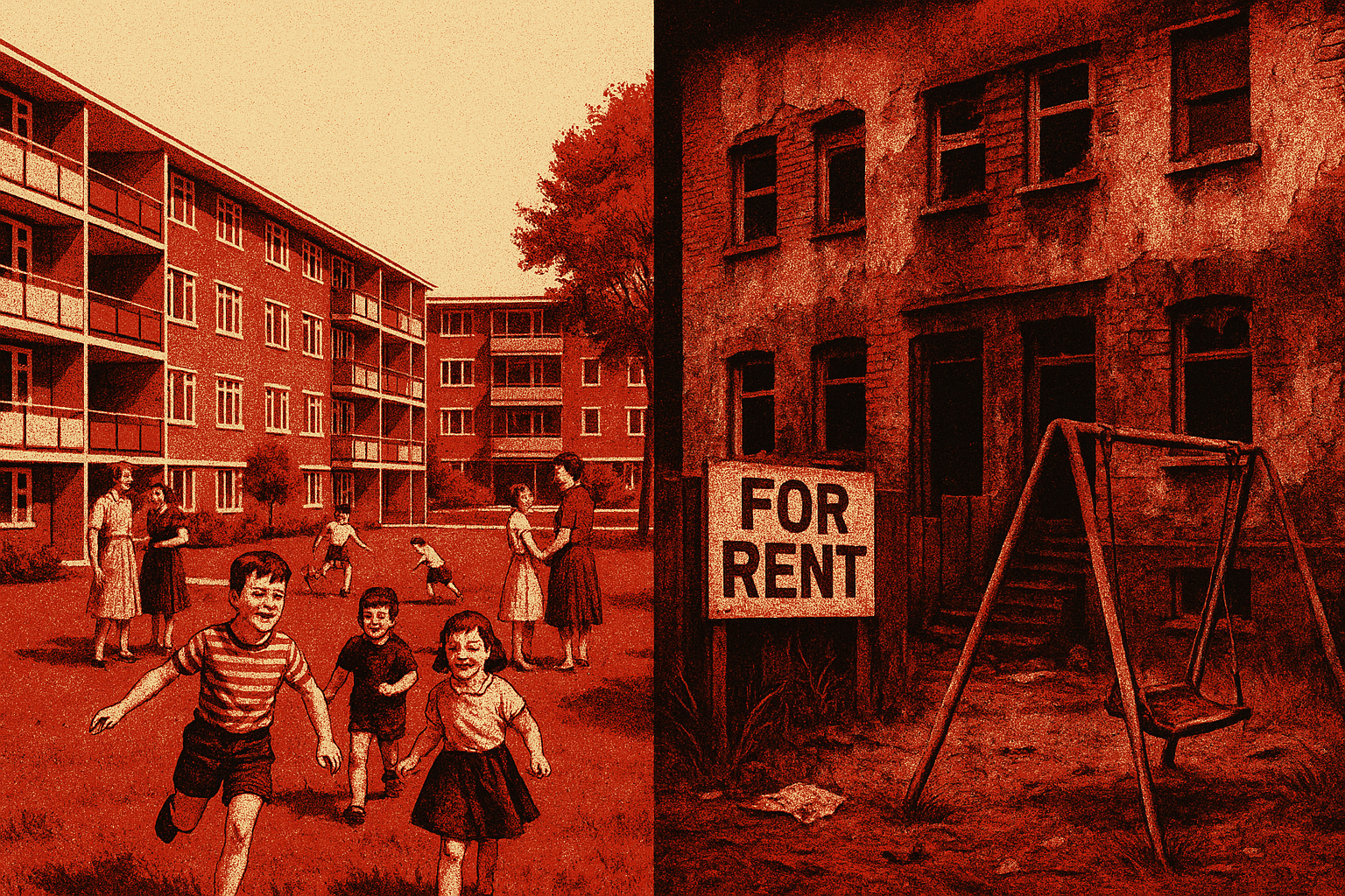 A stylised diptych poster On the left, a utopian scene of post-war British council housing: clean, mid-century low-rise flats with open communal space where children play and neighbours chat in a sunlit courtyard. On the right, a stark contrast—dilapidated, privately rented housing with cracked walls, broken windows, a decaying swing, and a large “FOR RENT” sign, evoking neglect, scarcity, and social decline. Both panels are rendered in red and beige tones, underscoring the ideological shift from collective provision to market-driven decay.