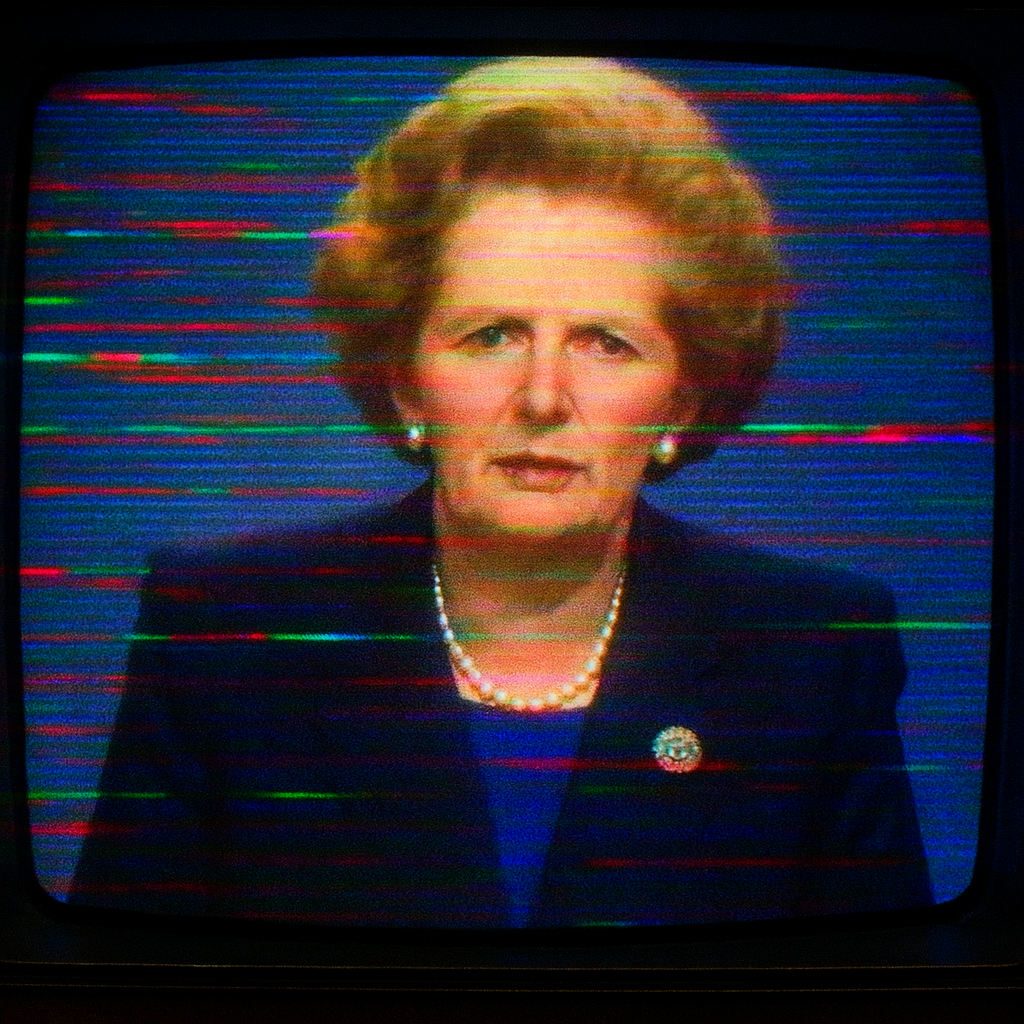 A distorted television broadcast screenshot from the 1980s showing Margaret Thatcher speaking. The image is heavily glitched with horizontal multicoloured static lines disrupting her face and suit. She wears a dark blazer, a pearl necklace, and has her characteristic hairstyle. The glitch effect creates a retro, unsettling atmosphere.