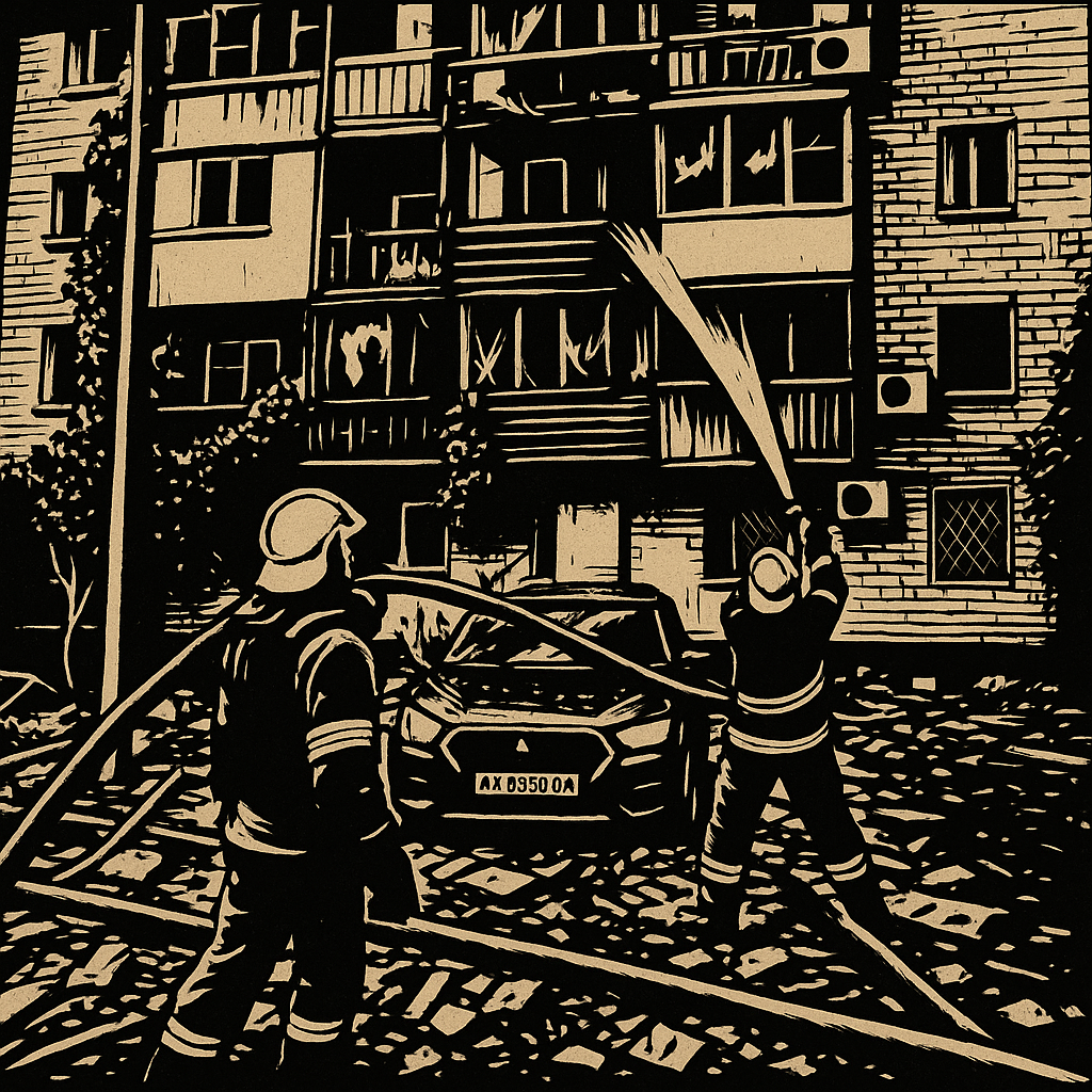 Linocut-style illustration in black and beige showing two firefighters in full gear spraying water at a damaged multi-storey apartment building. The building's facade is scarred with broken windows and debris, while a smashed car with headlights on sits among rubble in the foreground. Ivy clings to parts of the structure, evoking a scene of recent destruction and urgent response.