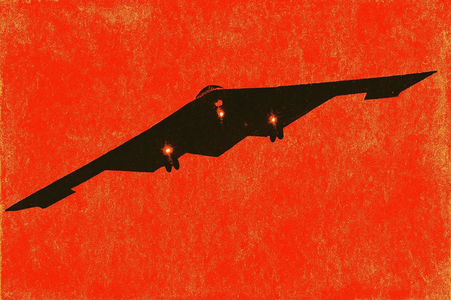 A grainy, high-contrast protest-style image of a B-2 Spirit stealth bomber in flight, shown from below against a vivid red and orange textured background. The aircraft appears as a dark silhouette with glowing landing lights, evoking a menacing presence. The overall aesthetic mimics 1968-era anti-war graphics, with bold colours and distressed textures conveying urgency and opposition.