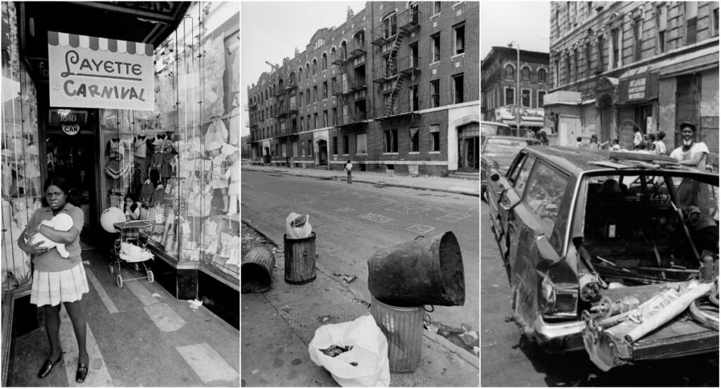 A black-and-white triptych photograph depicting scenes of urban poverty and decay in Brownsville, Brooklyn, during the 1970s.
Left panel: A woman holding a baby stands in front of a children's clothing store named "Layette Carnival." The shop window is filled with dolls and baby clothes, contrasting with the grim expression on the woman’s face. The street outside appears worn and neglected.
Middle panel: A wide shot of a crumbling apartment block with boarded-up windows and trash-strewn sidewalks. A few children are visible in the distance, and a large overturned garbage can sits in the foreground, with chalk-drawn hopscotch markings on the pavement.
Right panel: A heavily stripped and damaged station wagon is parked on the side of the road. Debris litters the street, and a few men in work overalls stand nearby, one of them smiling faintly. The backdrop includes rundown buildings, faded storefronts, and signs of economic hardship.
The images together evoke the stark conditions of deindustrialised urban America in the late 20th century—neglect, abandonment, and resilience.