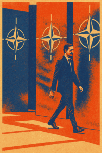 A stylised, screen-printed poster shows the Spanish PM in a suit walking past large NATO emblems on bold, flat panels. The image is rendered in a 1968 protest aesthetic with a grainy texture and a limited palette of red, navy blue, and beige. The composition evokes vintage political posters, with stark contrast and minimal detail emphasising the symbolism of militarism and conformity.