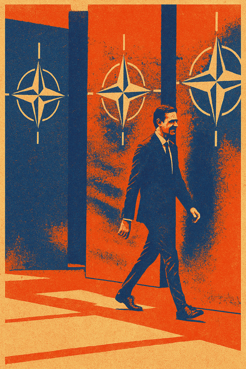 A stylised, screen-printed poster shows the Spanish PM in a suit walking past large NATO emblems on bold, flat panels. The image is rendered in a 1968 protest aesthetic with a grainy texture and a limited palette of red, navy blue, and beige. The composition evokes vintage political posters, with stark contrast and minimal detail emphasising the symbolism of militarism and conformity.