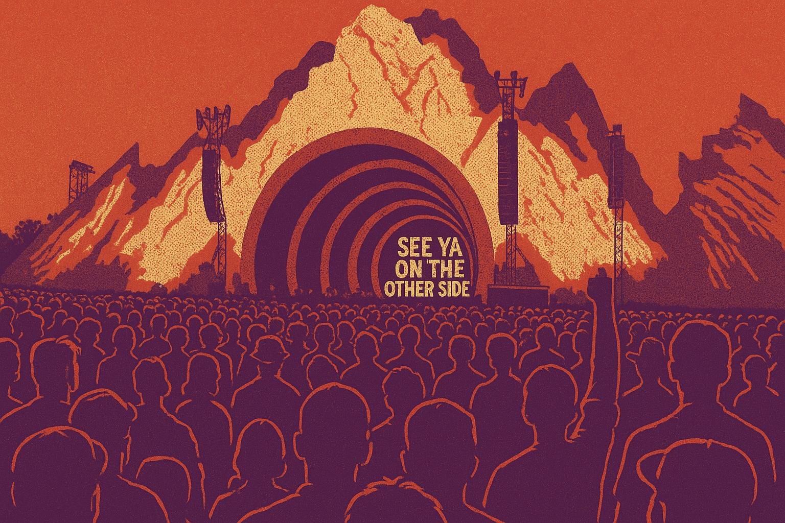 graphic shows a large crowd gathered before a mountainous concert stage rendered in bold, psychedelic colours. The mountains are depicted in textured reds and oranges, with deep purple shadows. The stage features concentric arches in red and maroon, with the phrase “SEE YA ON THE OTHER SIDE” glowing in retro block lettering at its centre. The silhouetted crowd in the foreground includes a single raised fist, evoking a mood of dissent and collective energy.